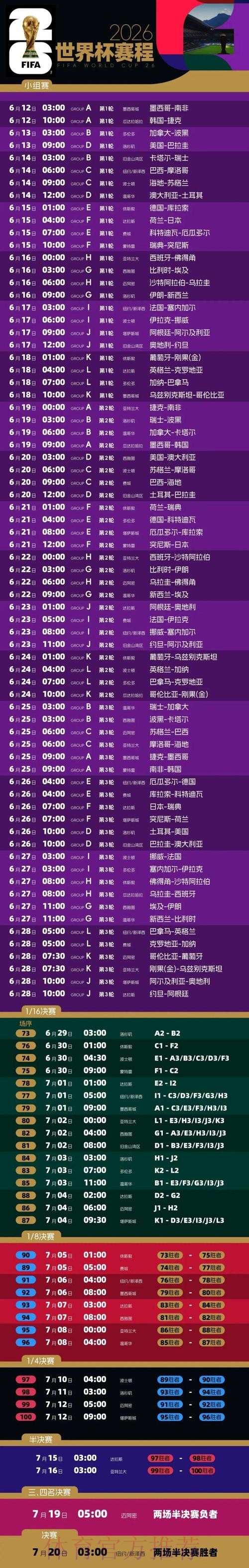 2026世界杯赛程表及高清直播时间安排